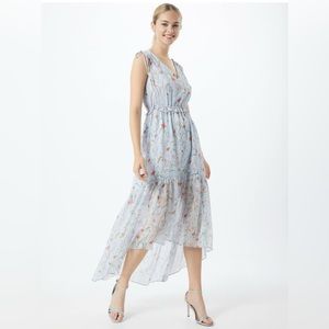 Banana Republic Blue Floral Ruched Details V-Neck Maxi Dress High-Low Hem Size 4